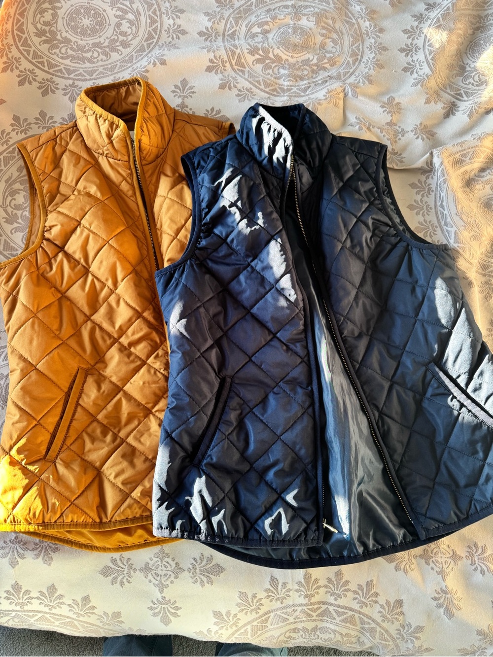Old Navy Quilted Vests in Navy and Mustard Yellow